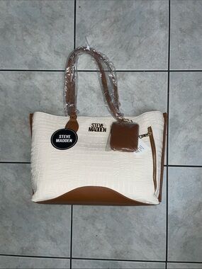 Steve Madden Cream and Brown Embossed Logo Tote